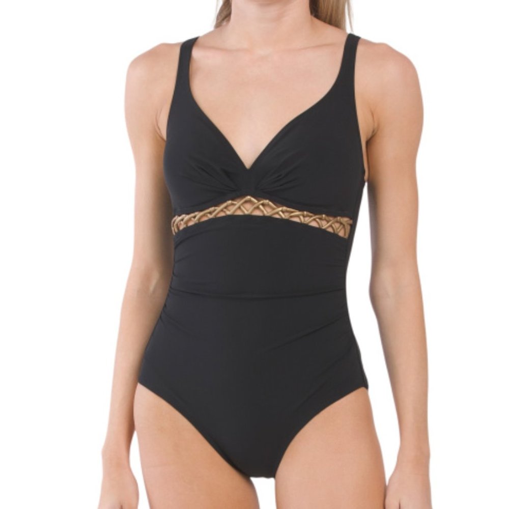 New GOTTEX V-neck One-piece Swimsuit Women SummerBlack with details  Size 8